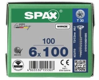 SPAX TORNILLO UNIVERSAL CABEZA PLANA TORX ROSCA PARCIAL WIROX 6x100 CAJA 100pzs