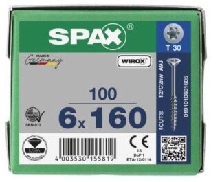 SPAX TORNILLO UNIVERSAL CABEZA PLANA TORX ROSCA PARCIAL WIROX 6x160 CAJA 100pzs