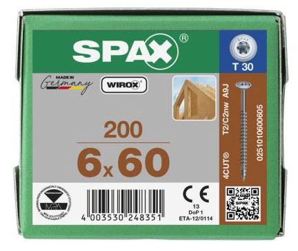 SPAX TORNILLO CABEZA CON ARANDELA ROSCA PARCIAL HI.FORCE WIROX 6x60 CAJA 200pzs