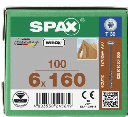 SPAX TORNILLO CABEZA CON ARANDELA ROSCA PARCIAL HI.FORCE WIROX 6x160 CAJA 100pzs