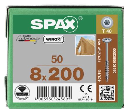 SPAX TORNILLO CABEZA CON ARANDELA ROSCA PARCIAL HI.FORCE WIROX 8x200 CAJA 50pzs
