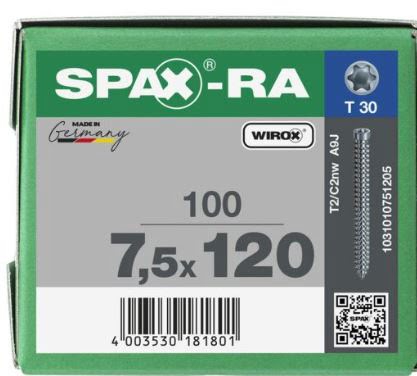 SPAX TORNILLO RA ANCLAJE DE MARCOS CABEZA CILINDRICA TORX WIROX 7,5x120 CAJA 100pzs