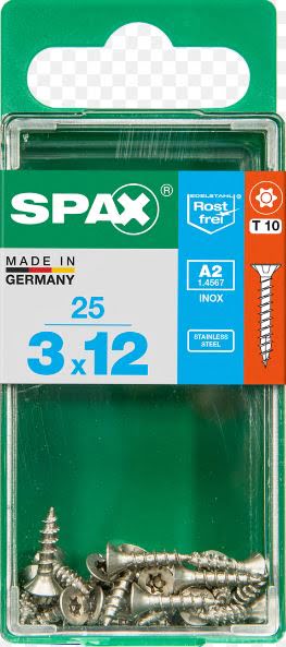 SPAX TORNILLO INOX A2 CABEZA PLANA TORX 3x12 CAJA 25pzs