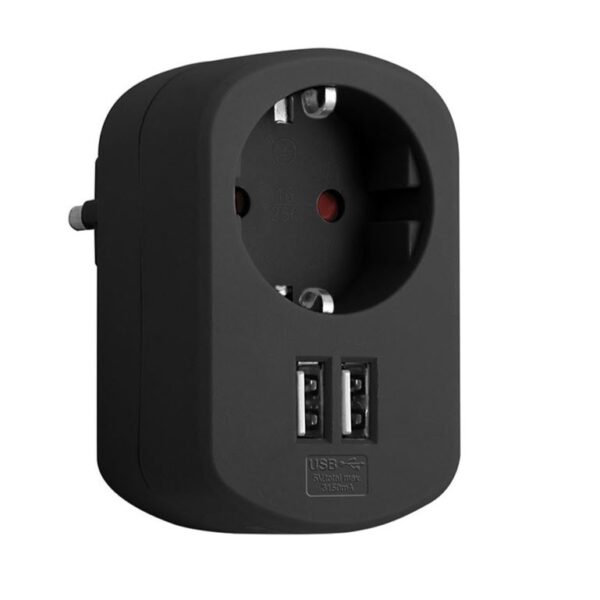 ADAPTADOR COMBI 3 TOMA 16A 2 PUERTOS USB 3,15A 250V NEGRO (EUROSLOT)