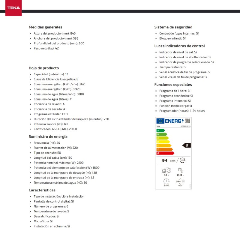 TEKA LAVAVAJILLAS DFS 26650 BLANCO - Imagen 5