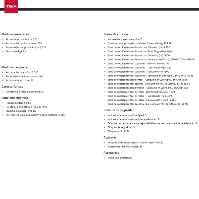 TEKA PLACA VITROCERAMICA DE 60CM TZ-6315 CRISTAL CON 3 ZONAS CON TOUCH CONTROL - Imagen 3